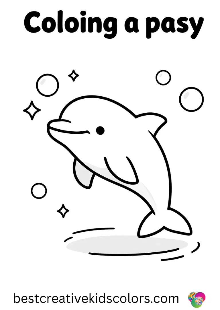 A dolphin twirls midwater while sunlight sparkles around in Cute dolphin dancing in colorful bubbles coloring page easy.