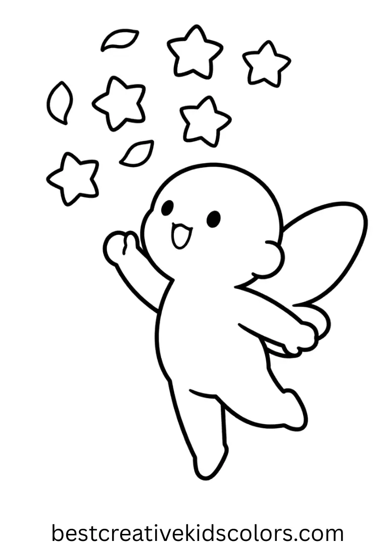 Cute fairy coloring page easy shows a fairy tossing floating star-shaped petals into the air.