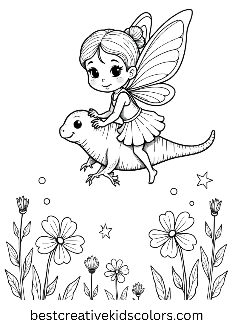 Cute fairy coloring page free depicts a fairy riding on a tiny dragonfly above flowers.