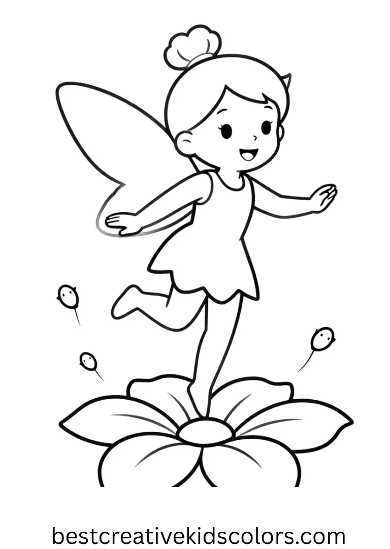 Cute fairy coloring page girl features a fairy skipping along petals with tiny fireflies trailing.