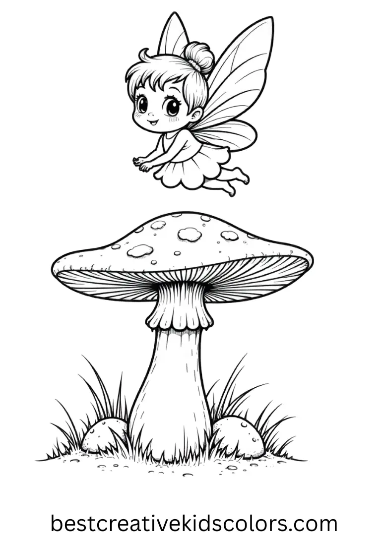 Cute fairy coloring page pdf features a fairy sprinkling magical dust over a soft mushroom circle.