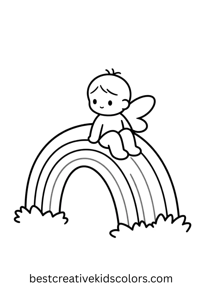 Cute fairy coloring pages show a fairy sliding down a rainbow onto soft mossy ground.