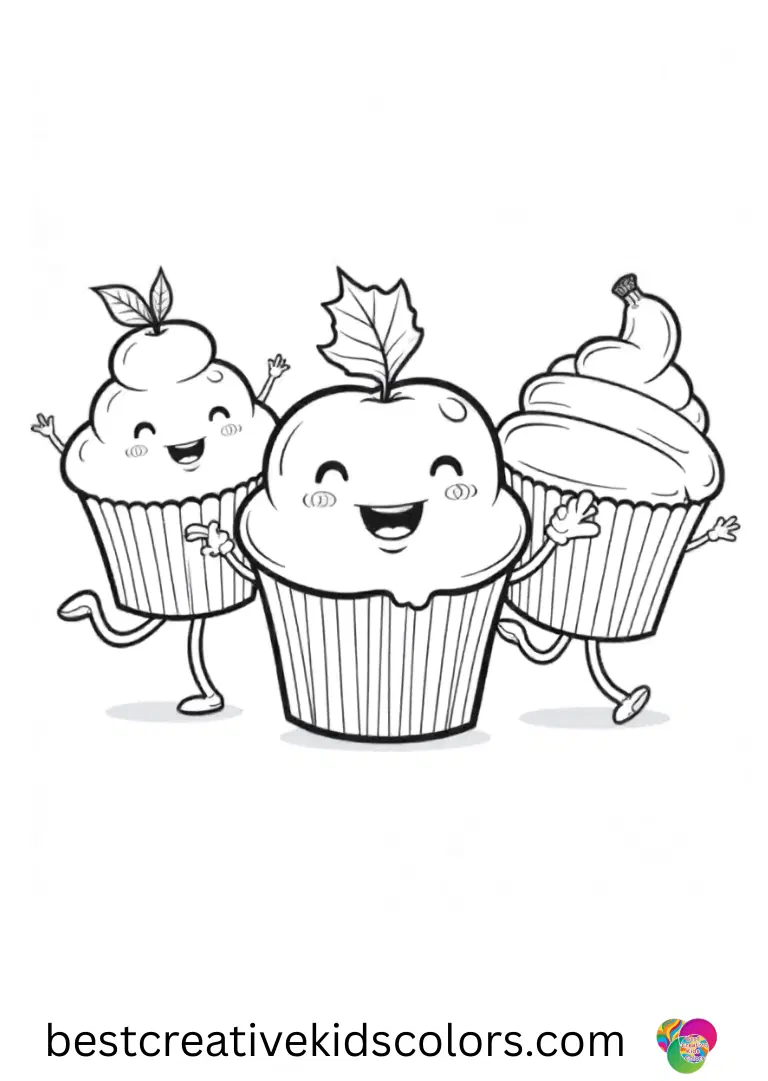 Dancing cupcakes and cheerful fruits enjoy a lively party in these Cute food printable coloring pages.