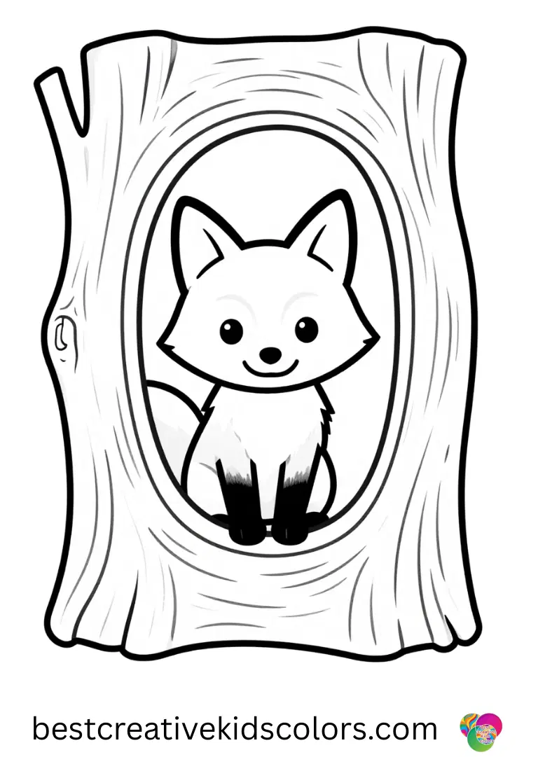 Cute fox coloring pages printable features a fox peeking out of a hollow log.