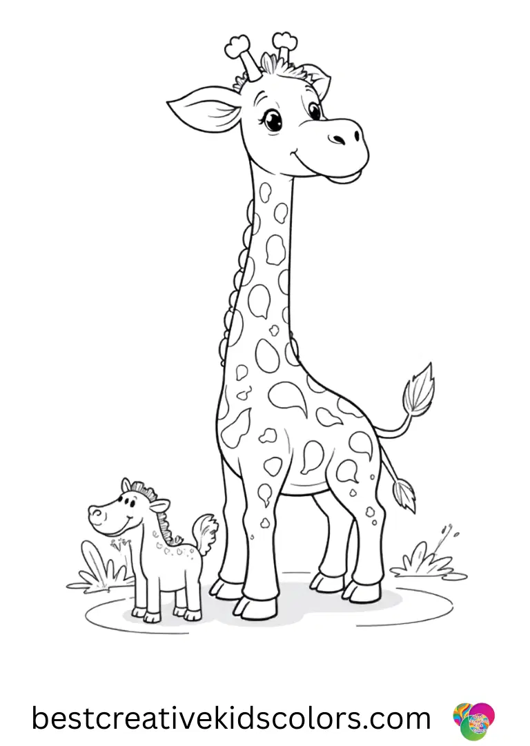 In Cute giraffe with a big smile coloring pages disney, a giraffe spins in a circle with small woodland animals.