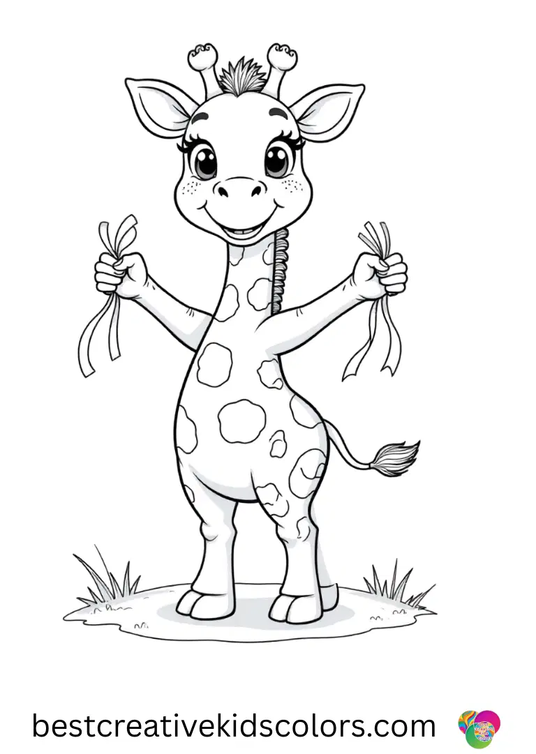 Cute giraffe with a big smile coloring pages for adults shows a giraffe twirling ribbons on a soft sandy patch.
