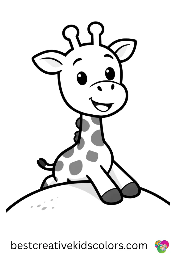 Cute giraffe with a big smile coloring pages free download shows a giraffe sliding down a tiny hill.