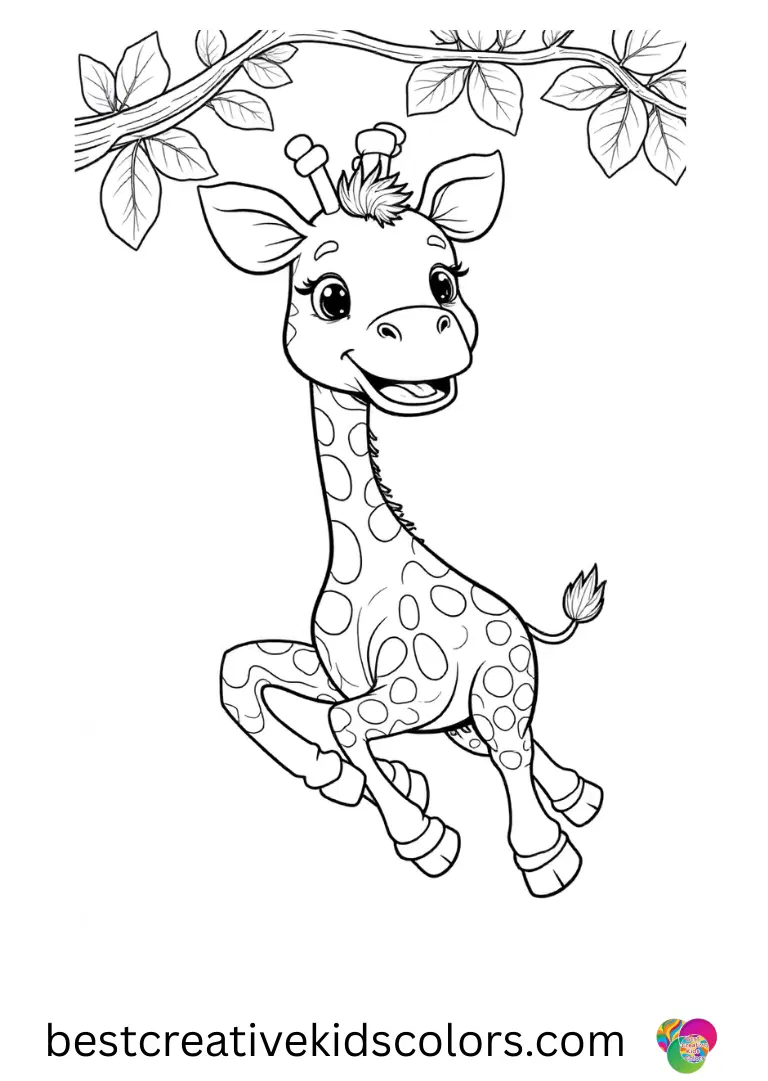 Cute giraffe with a big smile coloring pages free depicts a giraffe swinging on a hanging vine playfully.