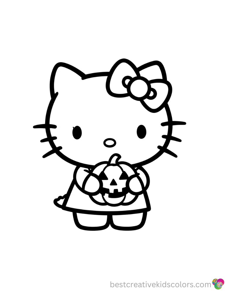 Cute hello kitty halloween coloring pages features Hello Kitty holding a carved pumpkin.