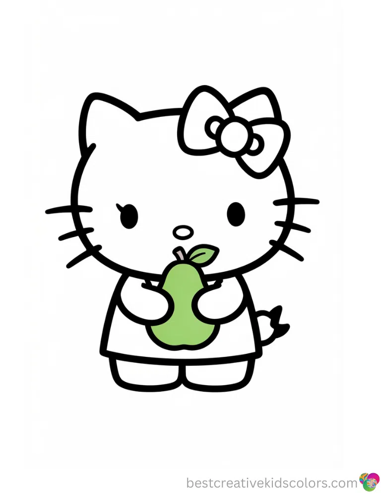 Hello Kitty beautifully holds a fresh green pear inside cute hello kitty thanksgiving now.
