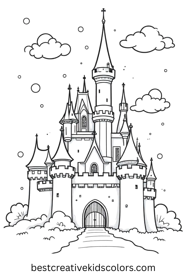 Cute january coloring pages disney depicts a castle tower lightly dusted with snow clouds.