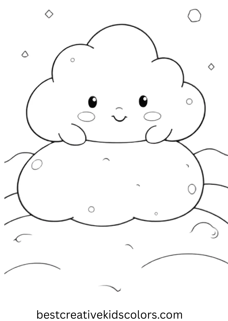 Cute january coloring pages easy shows a fluffy snow cloud floating above smooth winter hills.