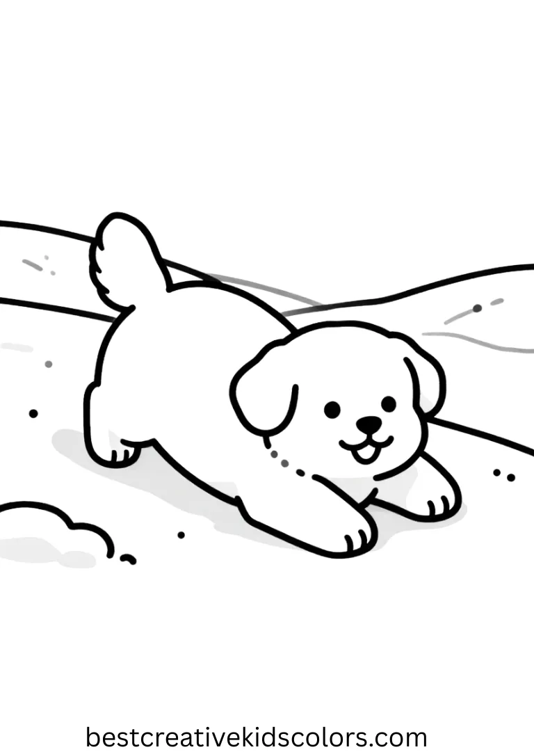 Cute january coloring pages for kids shows a playful snow puppy rolling across gentle hills.
