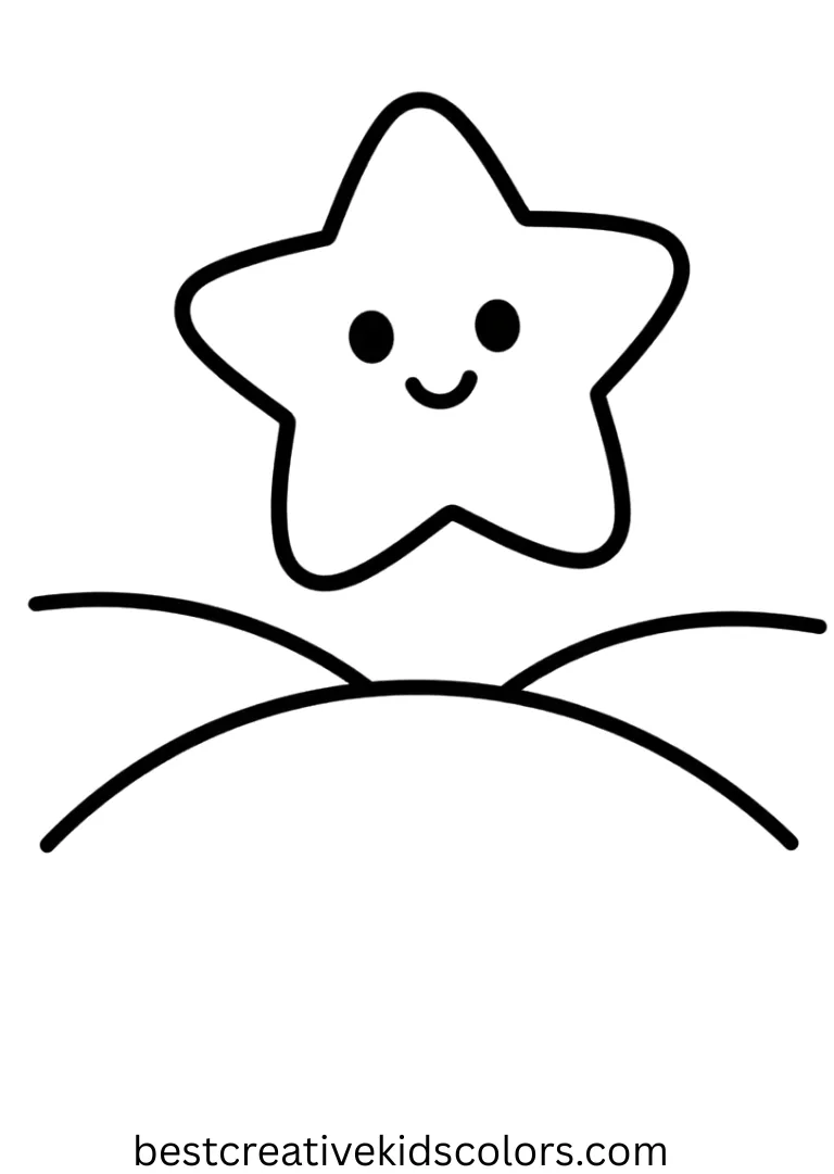 Cute january coloring pages for toddlers shows a smiling snow star drifting over wide hills.