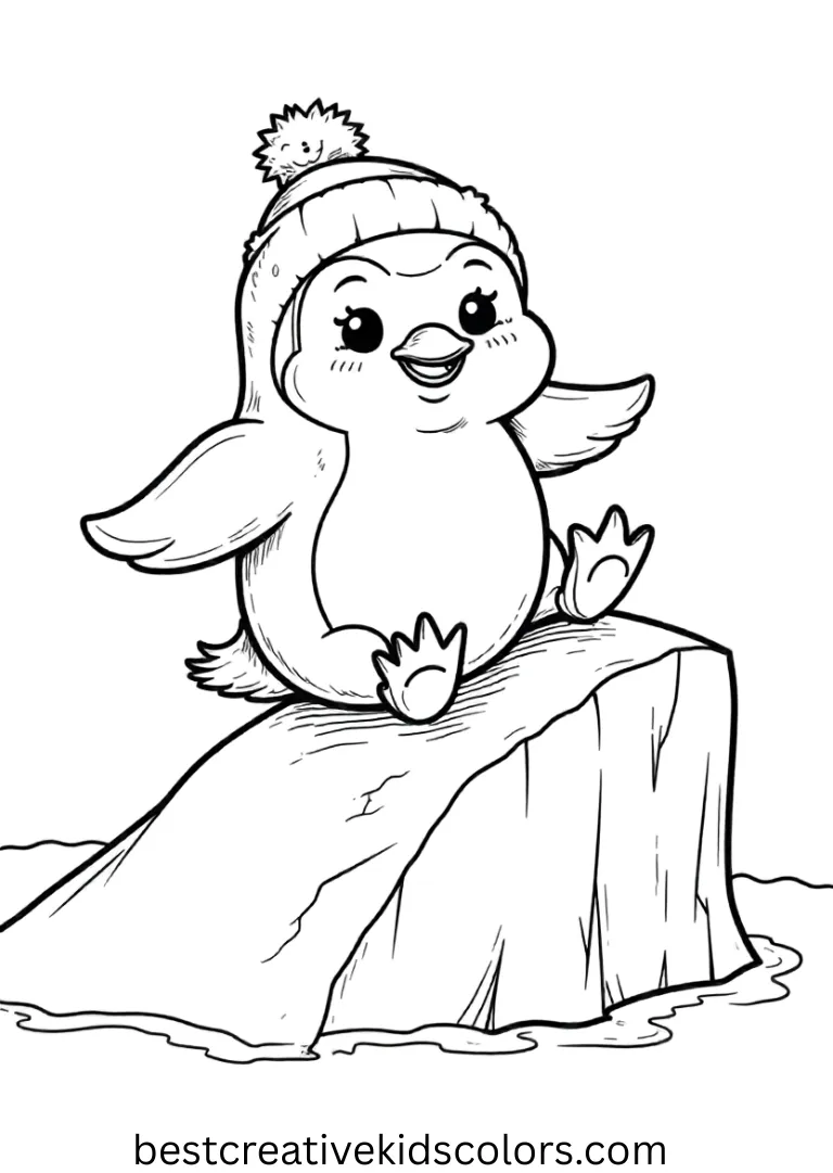 Cute january coloring pages free shows a penguin sliding down a small icy slope mid-scene.