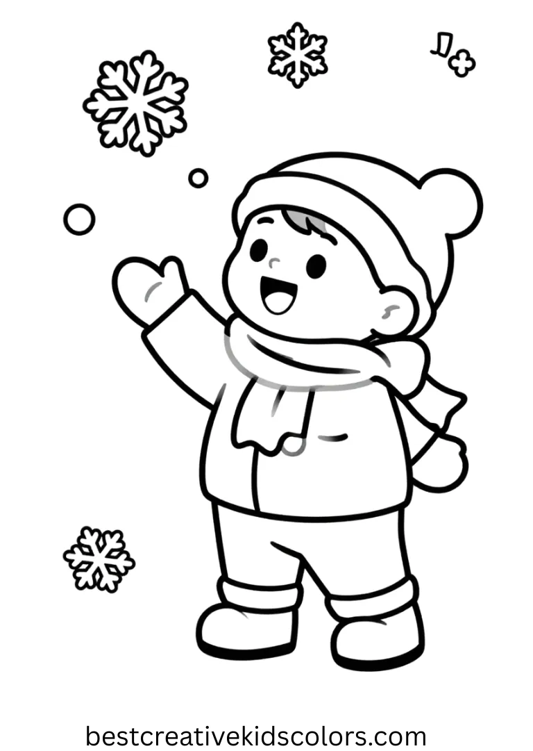 Cute january coloring pages pdf features a child catching drifting snowflakes mid-scene.