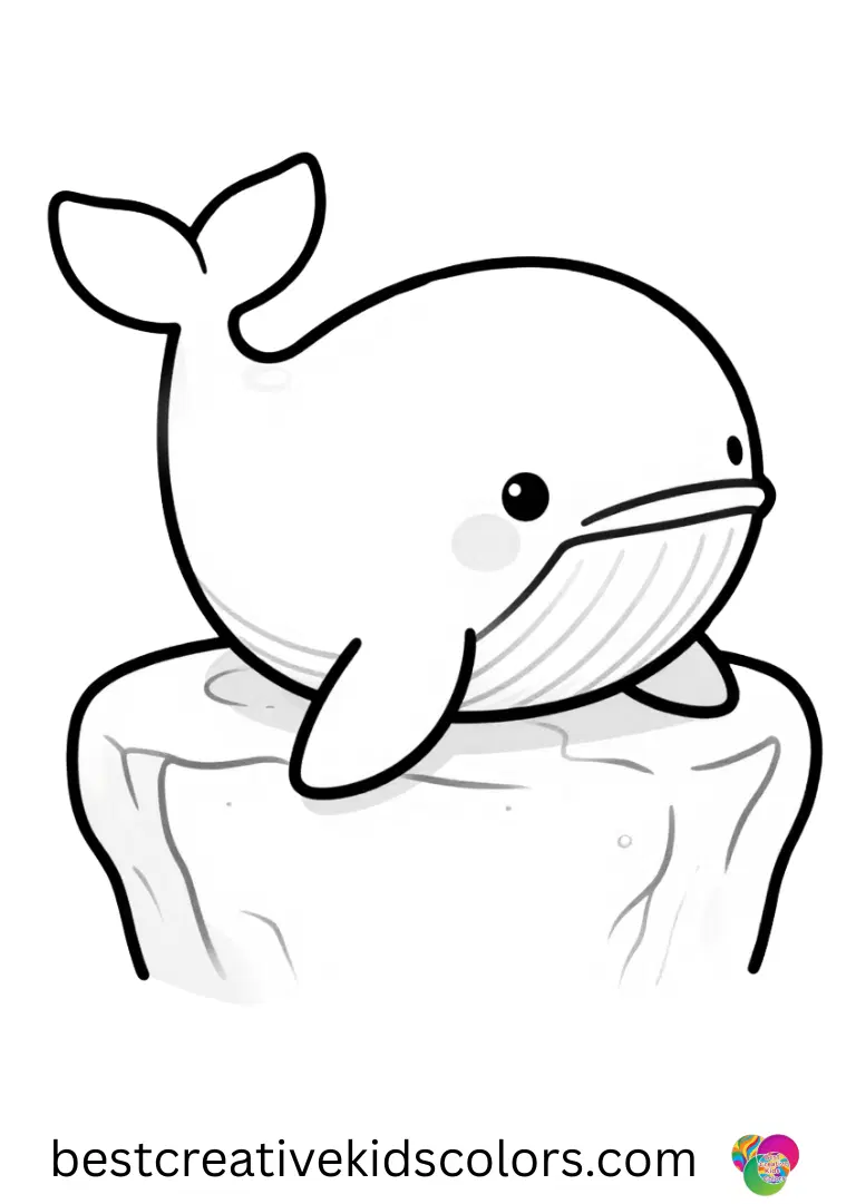 A whale rests its chin gently on a rock ledge in Cute june whale coloring page easy.