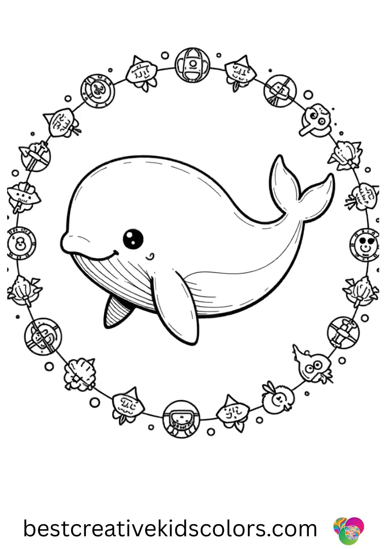 A whale is framed by repeating ocean symbols in Cute june whale coloring page for adults.