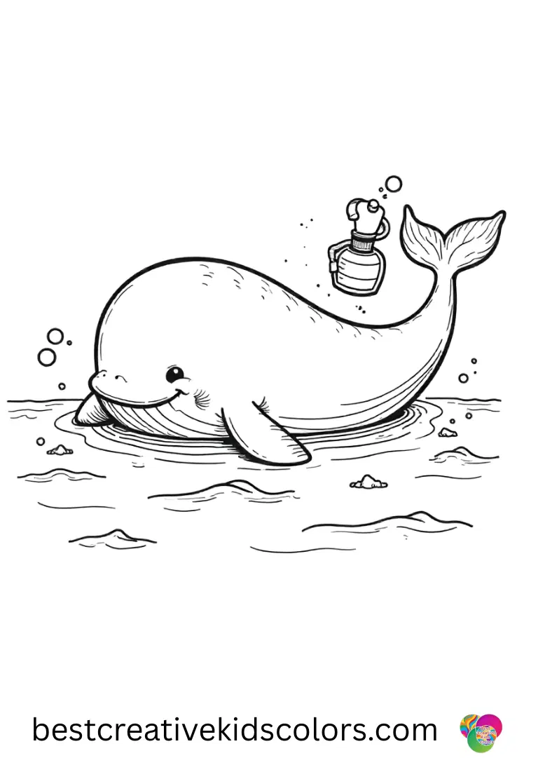 Cute june whale coloring page free download shows a whale nudging a message bottle onto shore.
