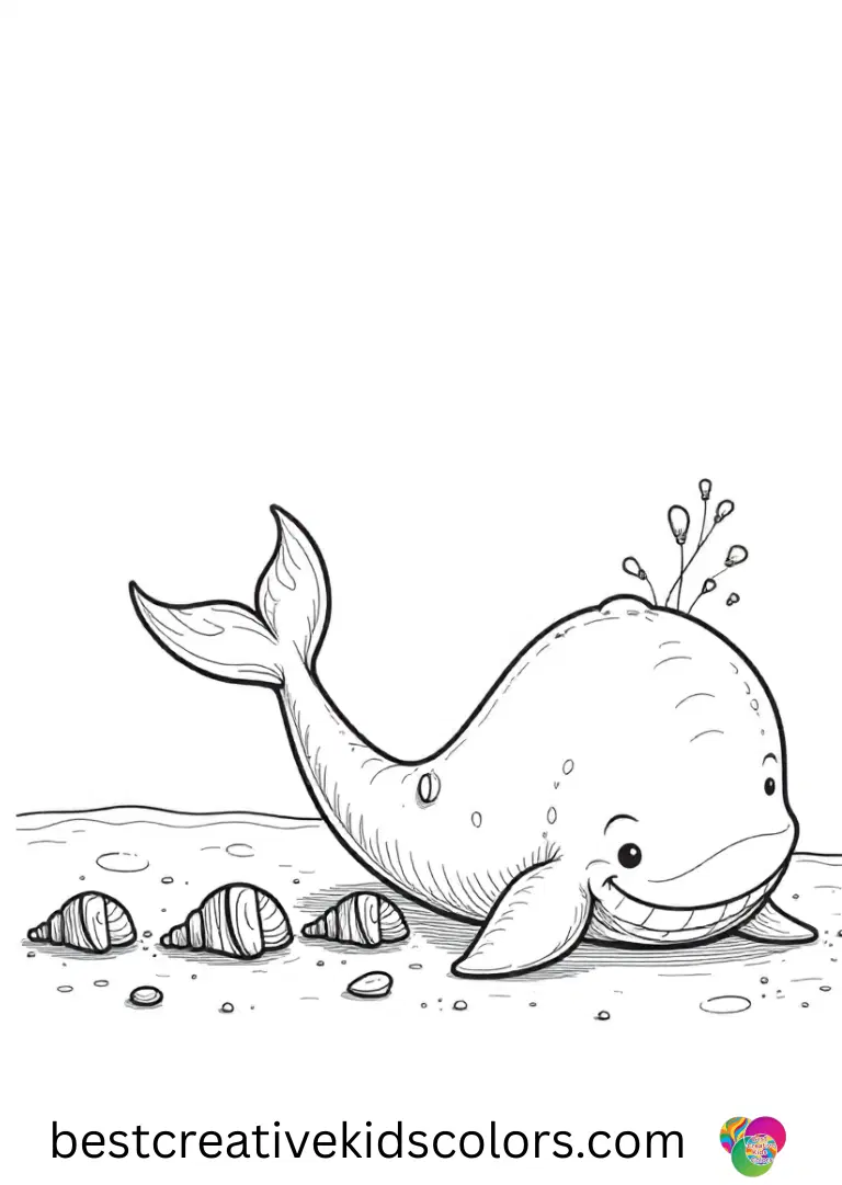 Cute june whale coloring page free features a whale aligning seashells in a neat underwater row.