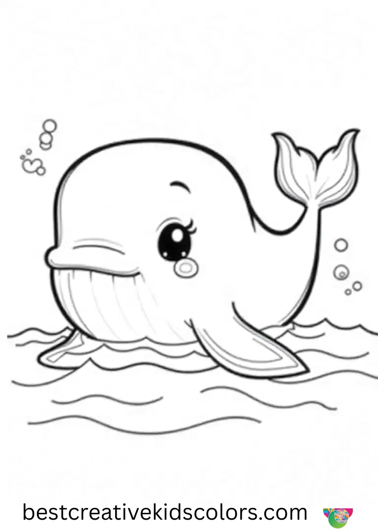 Cute june whale coloring page printable shows a whale surfacing to blink one large friendly eye.