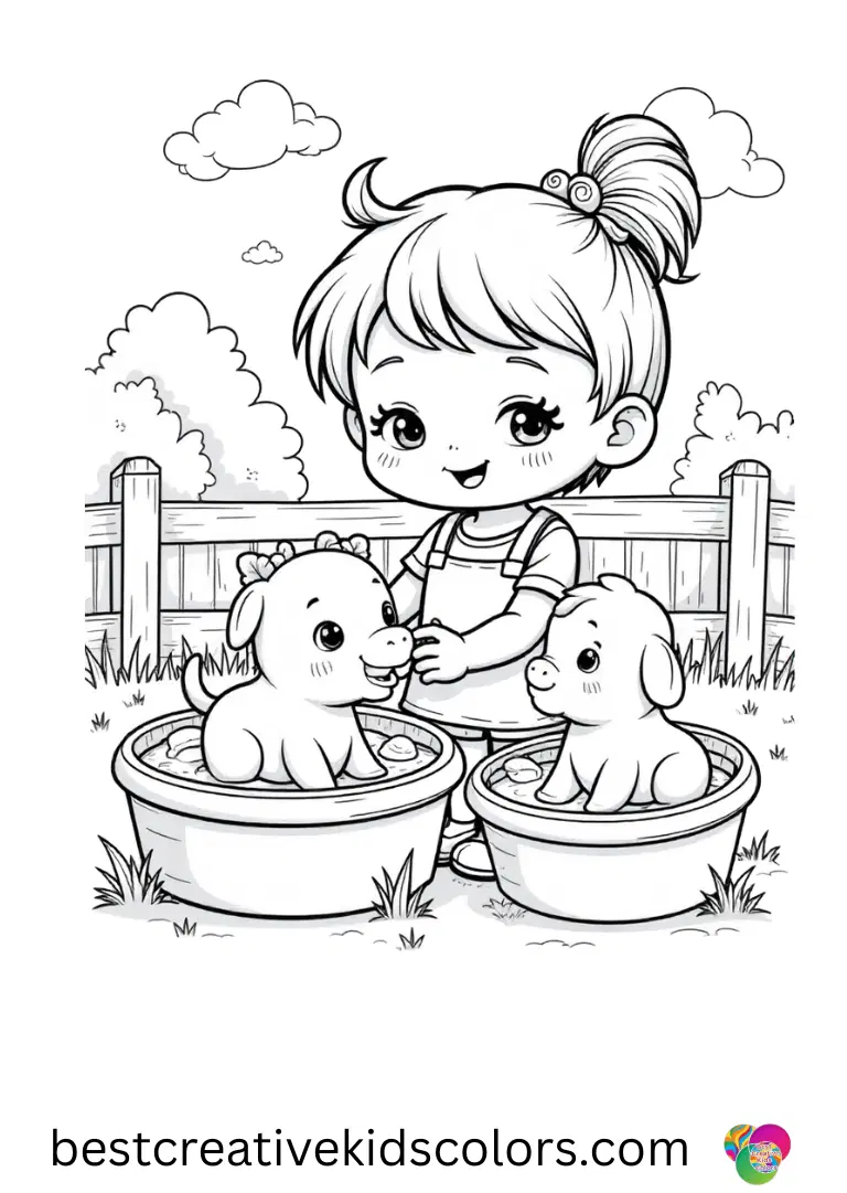 Cute kawaii colouring pages animals shows a girl washing toy farm animals in shallow outdoor tubs.