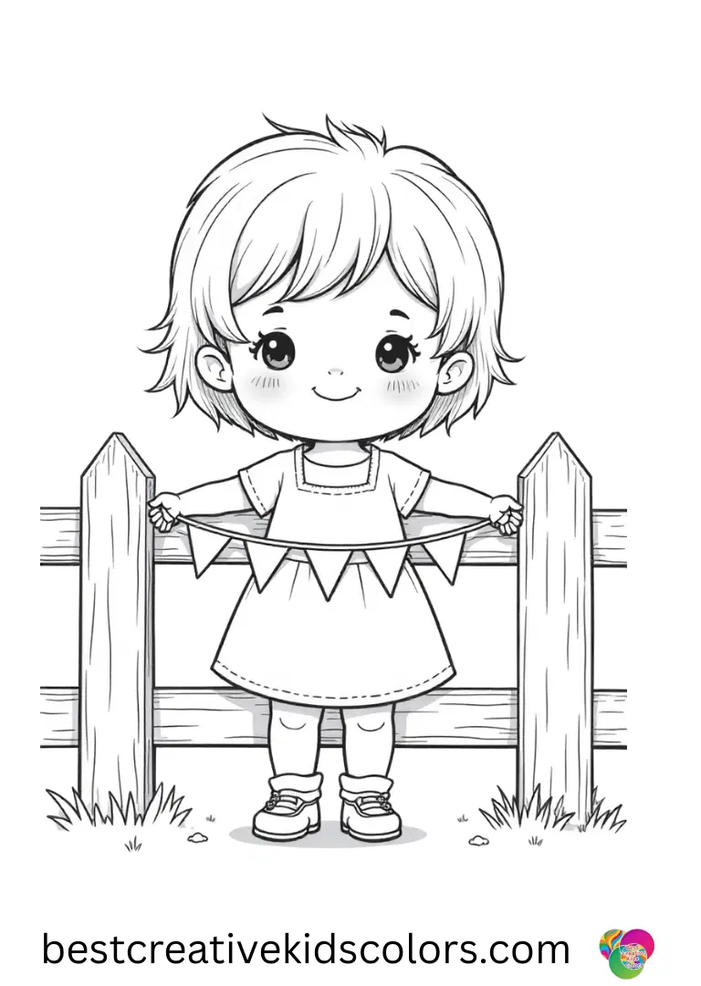 A girl hangs triangle paper flags along a fence rail in Cute kawaii colouring pages easy.