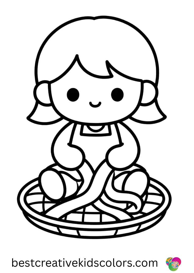 Cute kawaii colouring pages for adults shows a girl weaving ribbon strips into a flat basket mat.
