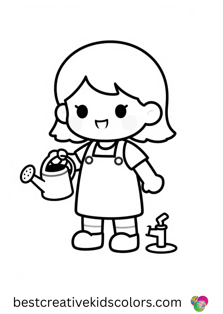 Cute kawaii colouring pages for kids shows a girl filling watering cans at a small garden tap.