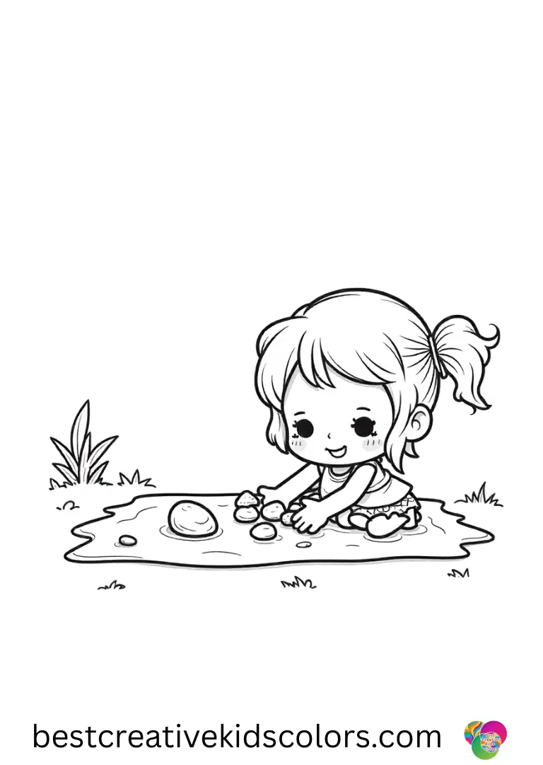 A girl organizes smooth pebbles by size on a patio rug in Cute kawaii colouring pages free.