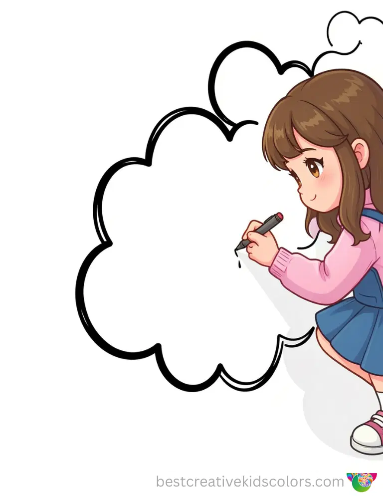 Cute kawaii colouring pages pdf features a girl outlining cloud shapes on a large poster board.