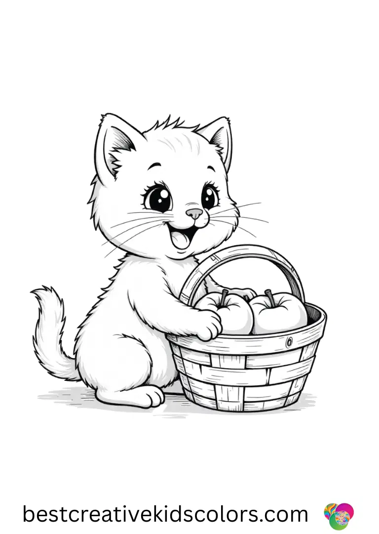 Cute kitten coloring pages printable free captures a kitten tipping a basket of autumn apples.