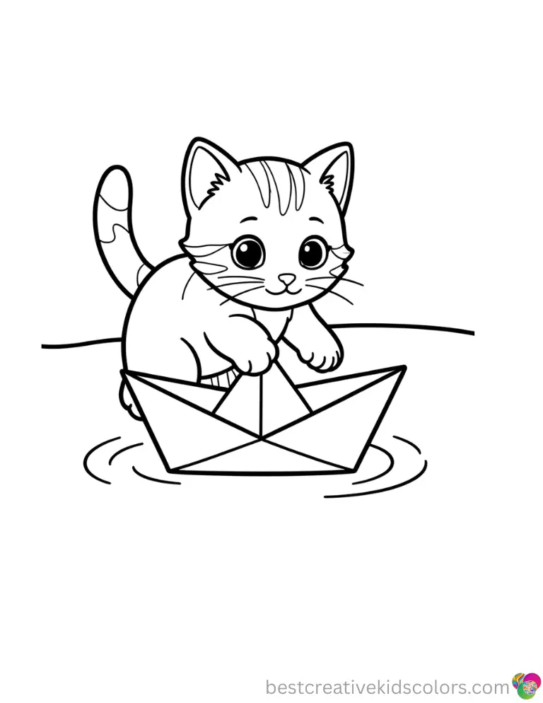 Cute kitten colouring sheet shows a kitten tapping a paper boat to make it move in water.