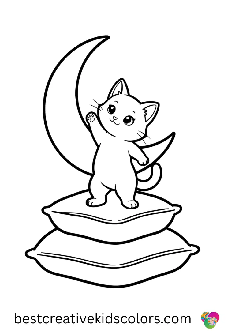 In Cute kitten reaching for the moon coloring pages easy, a kitten climbs a stack of soft cushions.