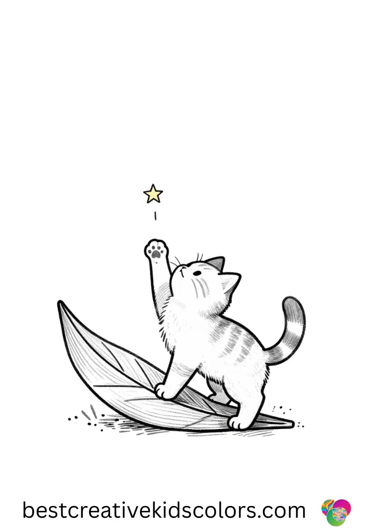 A kitten balances on a crescent leaf reaching for a tiny glowing star in Cute kitten reaching for the moon coloring pages free download.