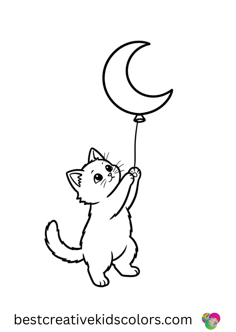 A tiny kitten leaps to touch a floating balloon in Cute kitten reaching for the moon coloring pages free.