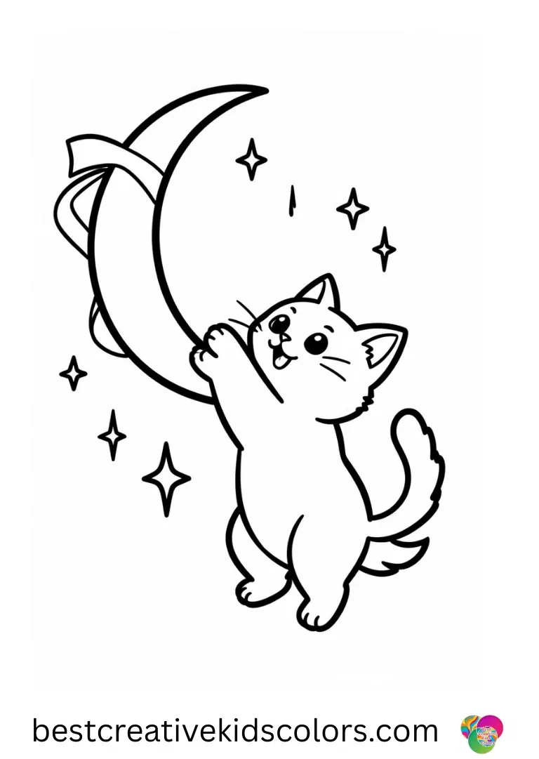 Cute kitten reaching for the moon coloring pages pdf free features a kitten twirling a sparkling ribbon mid-air.