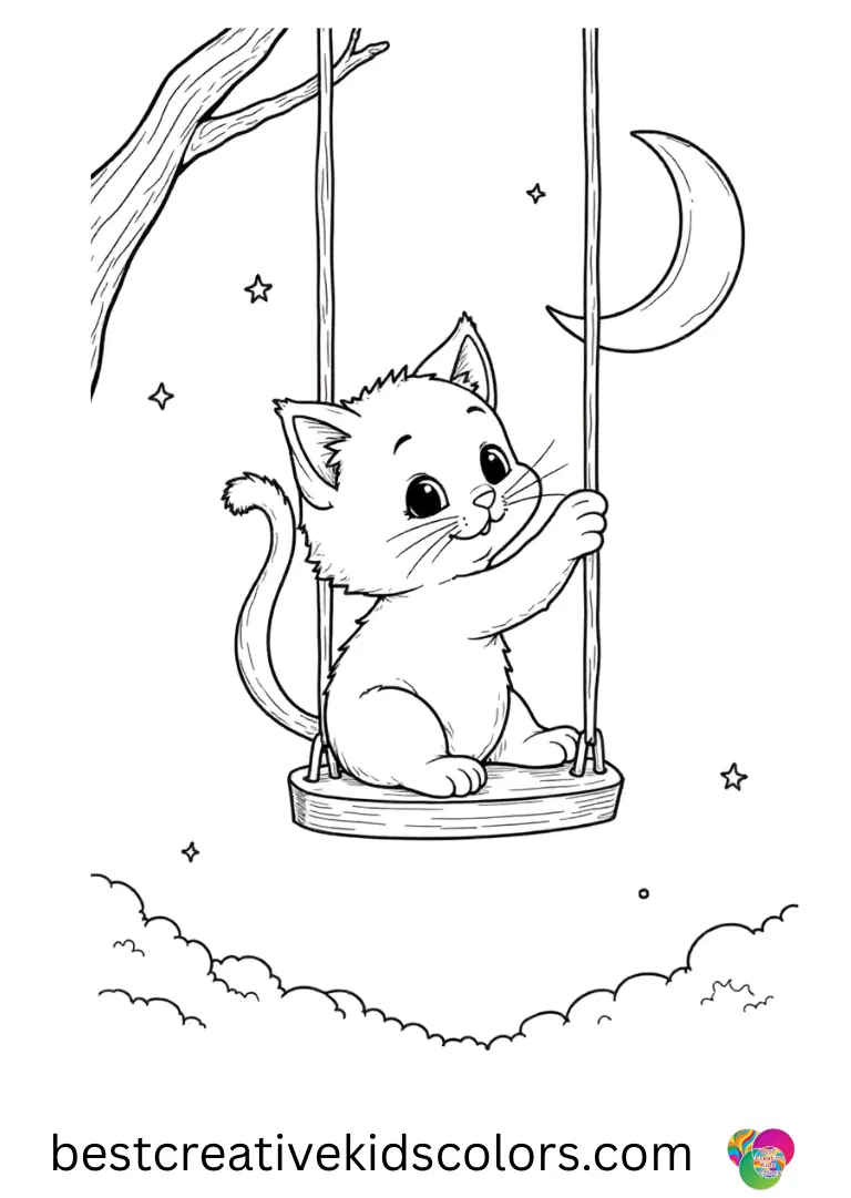 Cute kitten reaching for the moon coloring pages pdf shows a kitten hanging from a swing beneath the moon.