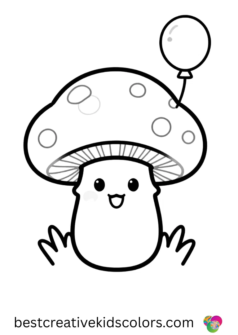 Cute mushroom coloring page easy shows a mushroom with a tiny balloon floating beside it