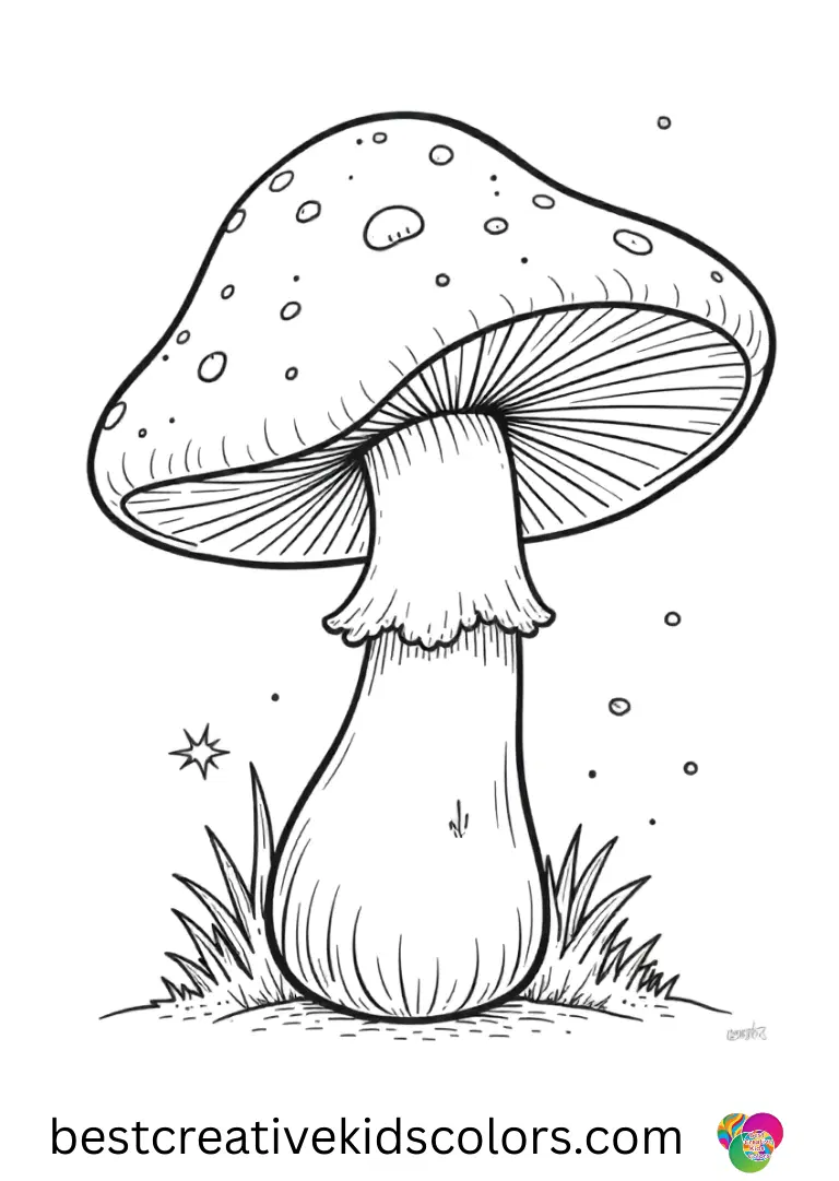 Cute mushroom coloring page for adults shows a mushroom beside a floating crystal orb.