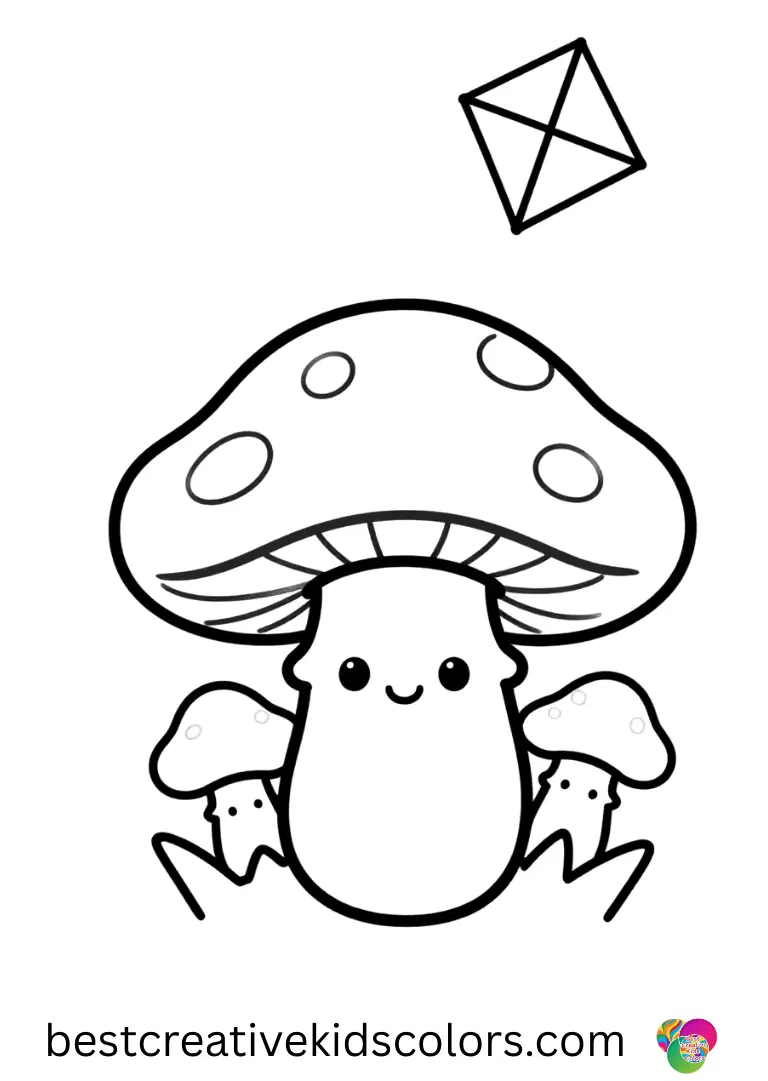 Cute mushroom coloring page for kids features a mushroom with a small floating kite overhead.
