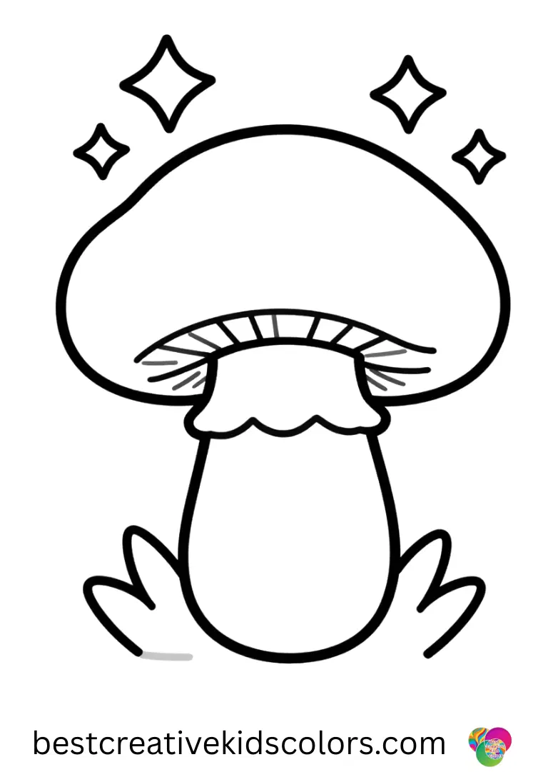 Cute mushroom coloring page free depicts a mushroom surrounded by twinkling star shapes above.