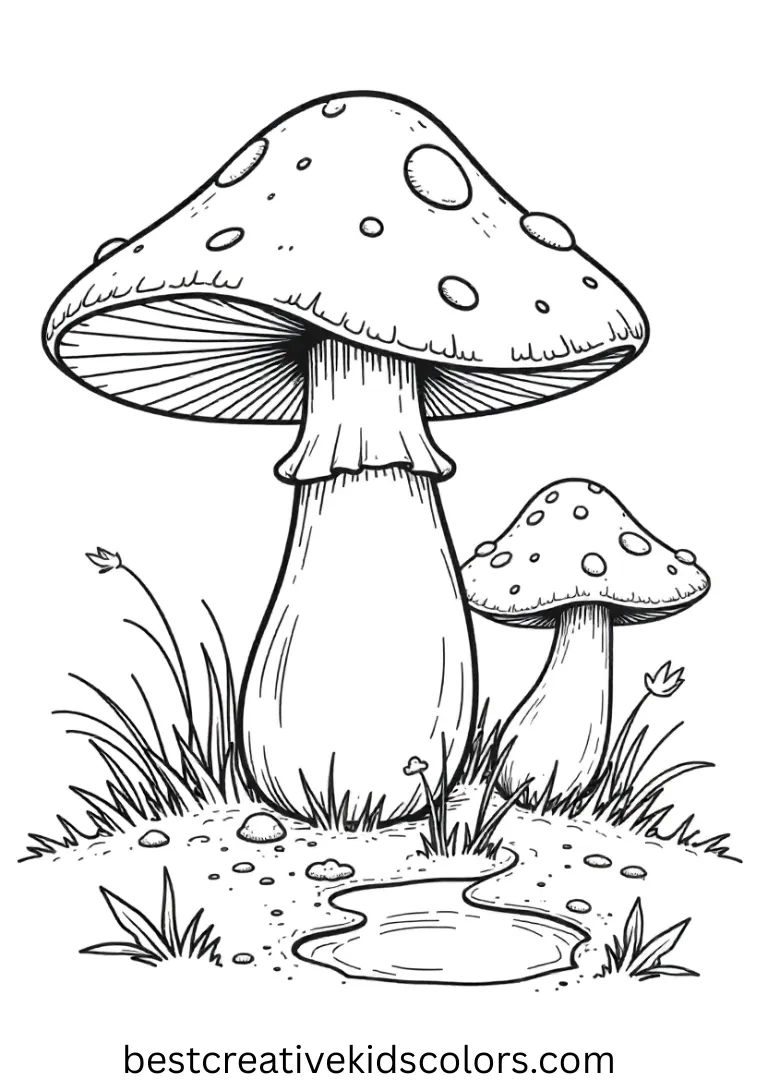 A cute mushroom coloring page free shows a mushroom next to a small trickling brook.