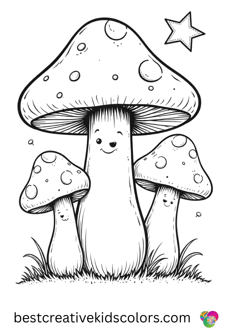 Cute mushroom coloring page pdf depicts a mushroom with a bouncing star hovering above.