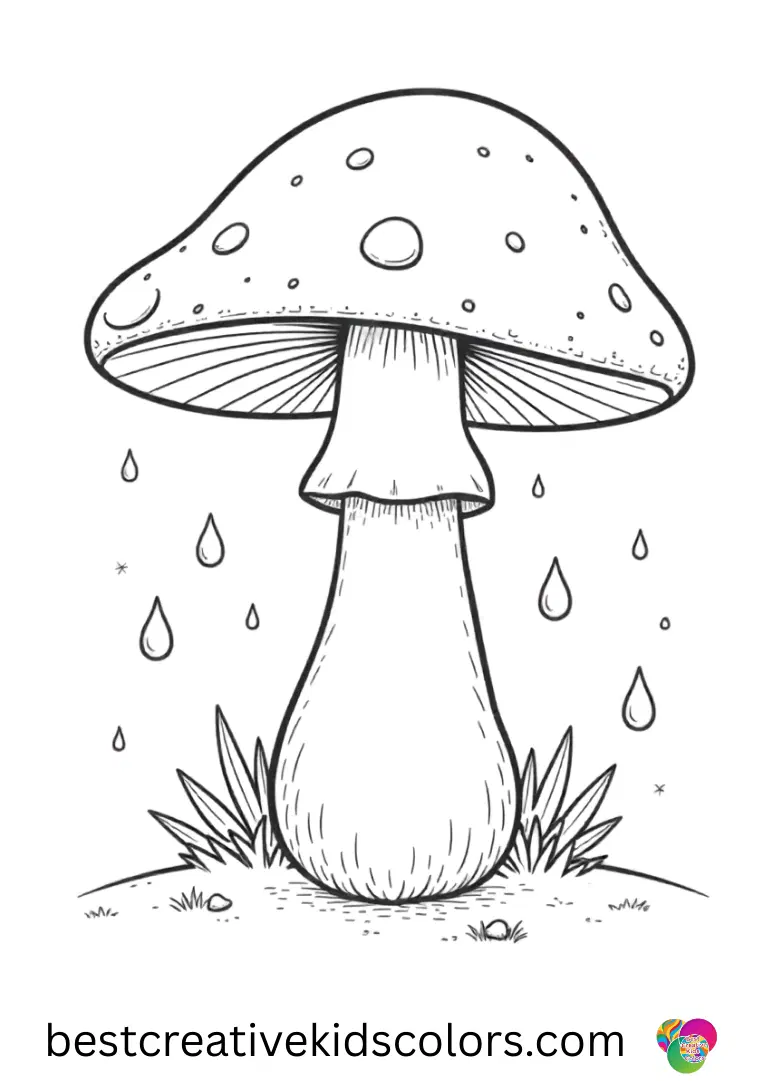 Cute mushroom coloring page printable shows a mushroom with tiny sparkling raindrops falling around it.