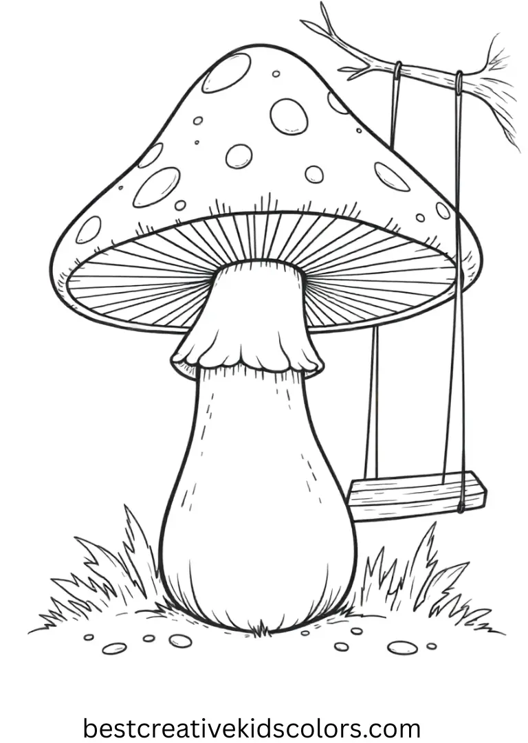 Cute mushroom coloring page printable features a mushroom with a small swing nearby.