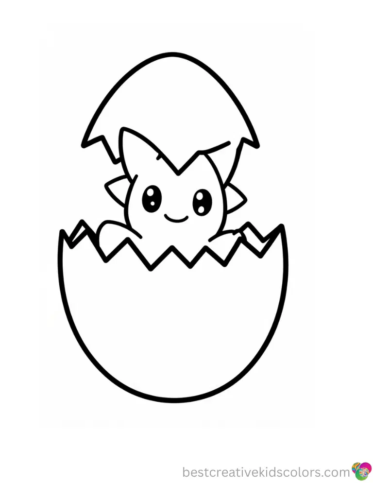Cute pokemon coloring page displays a tiny Togepi wiggling happily inside its cracked eggshell.