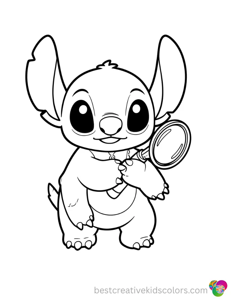 Stitch smoothly touches a round magnifying glass inside cute stitch coloring page.