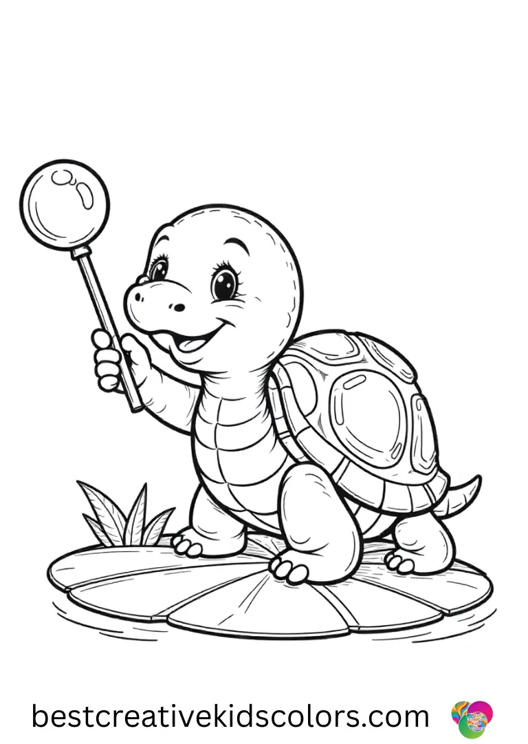 Cute turtle coloring pages shows a turtle blowing bubbles with a small wand near a lily pad.