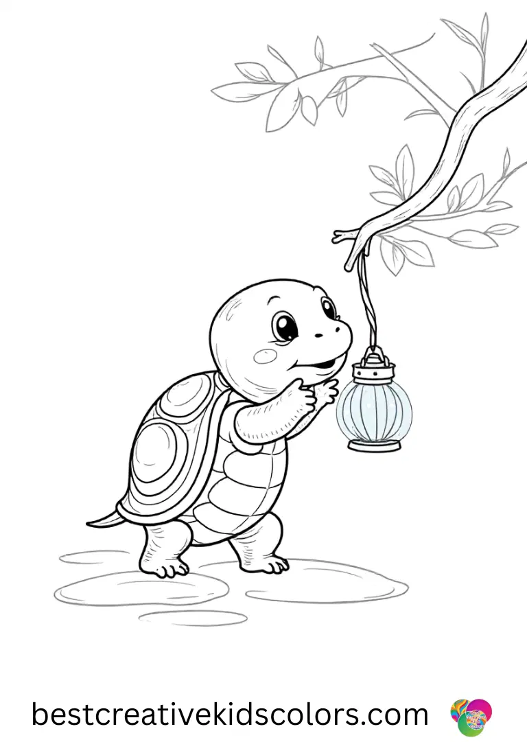 Cute turtle colouring pages shows a turtle swinging a small lantern gently from a hanging branch.